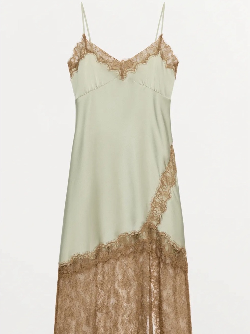 Zara Sage Green and Brown Lace Slip Dress